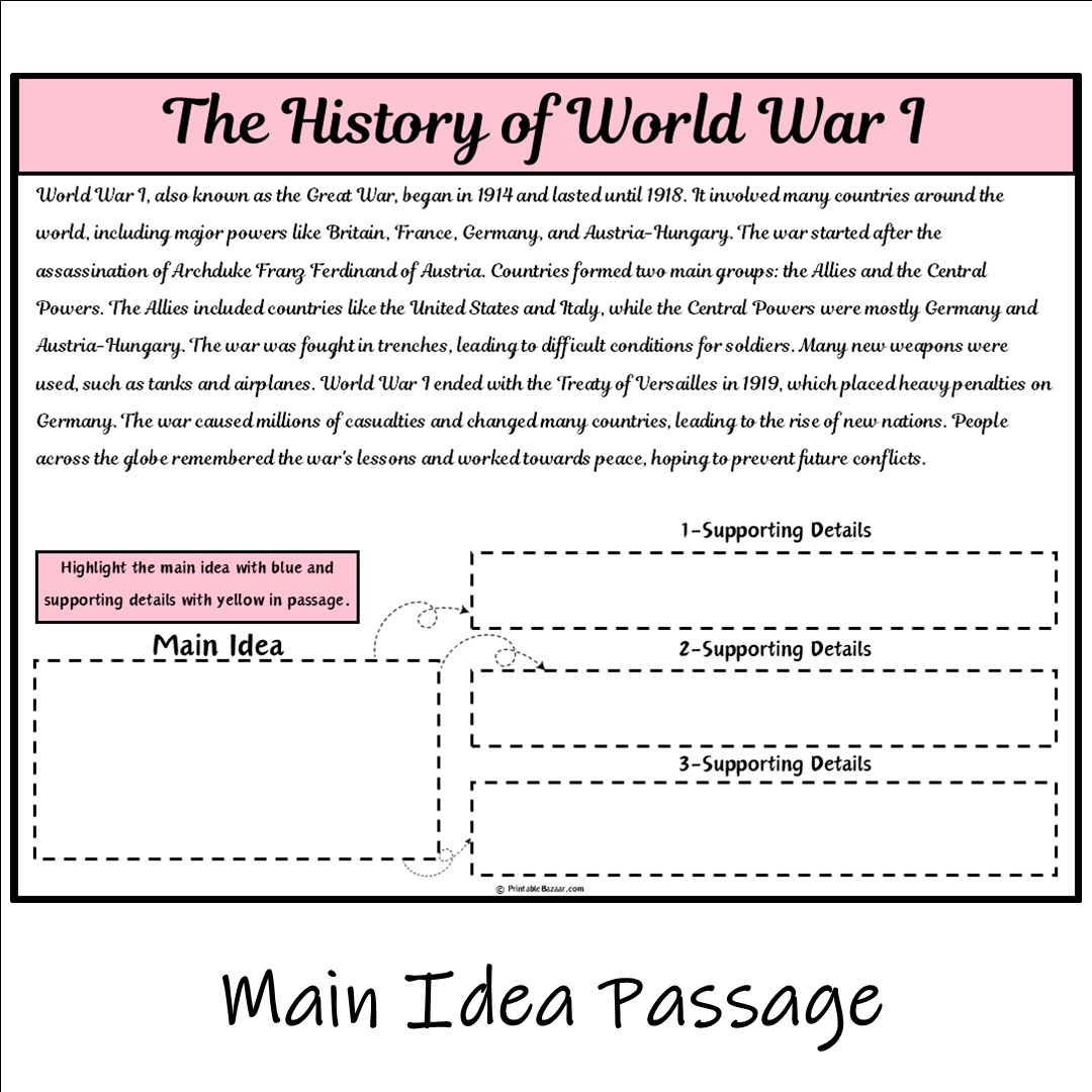 The History of World War I | Main Idea and Supporting Details Reading Passage and Questions