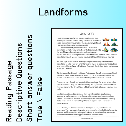 Landforms | Reading Comprehension Passage Printable Worksheet