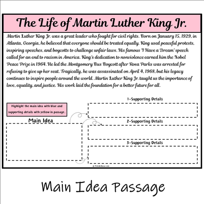 The Life of Martin Luther King Jr. | Main Idea and Supporting Details Reading Passage and Questions