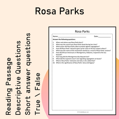 Rosa Parks | Reading Comprehension Passage Printable Activity