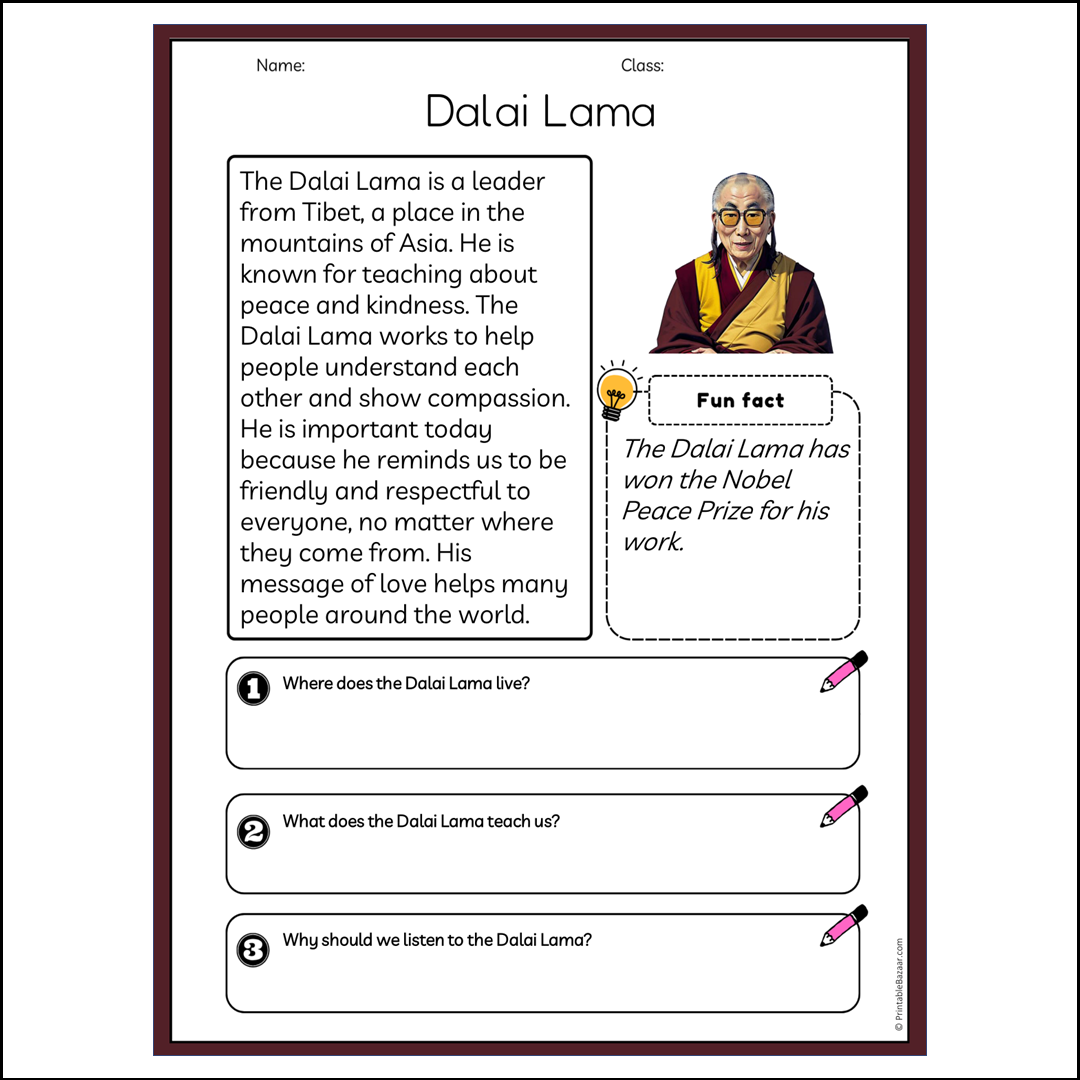 Dalai Lama | Reading Passage Comprehension Questions Writing Facts Worksheet