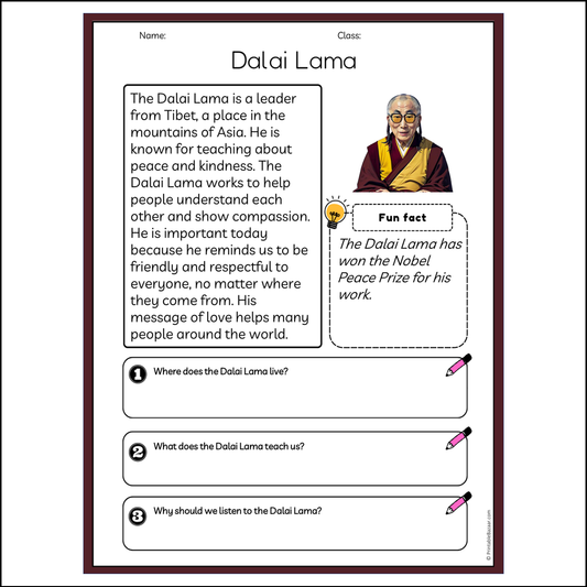 Dalai Lama | Reading Passage Comprehension Questions Writing Facts Worksheet