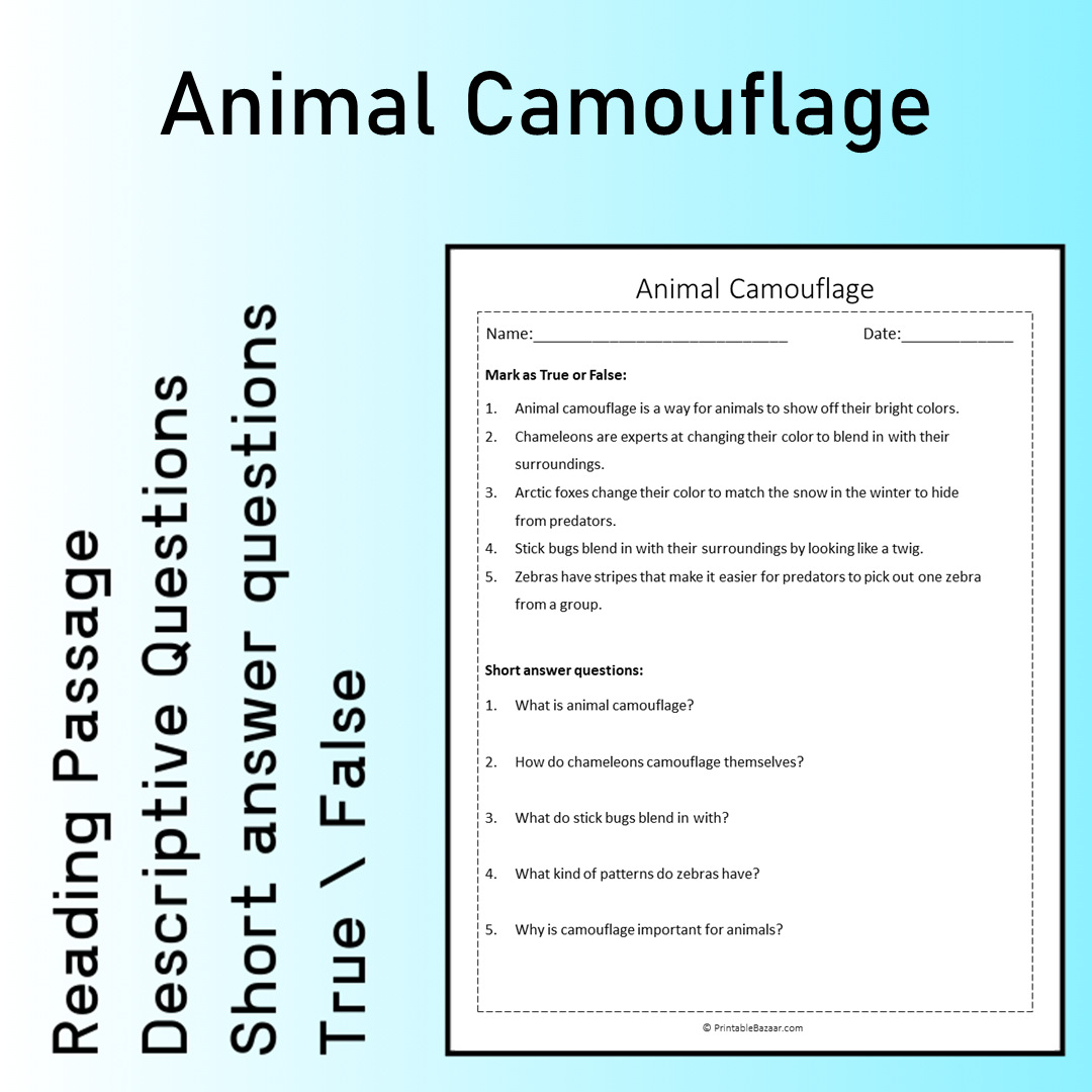 Animal Camouflage | Reading Comprehension Passage Printable Worksheet