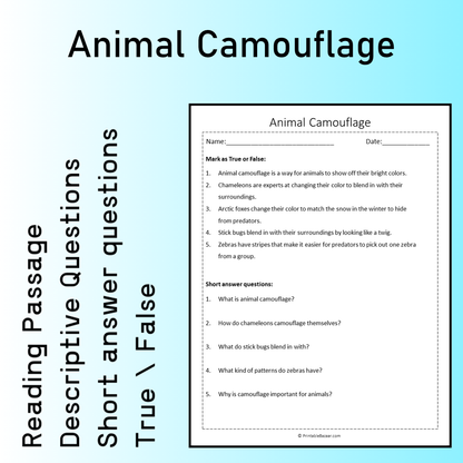 Animal Camouflage | Reading Comprehension Passage Printable Worksheet