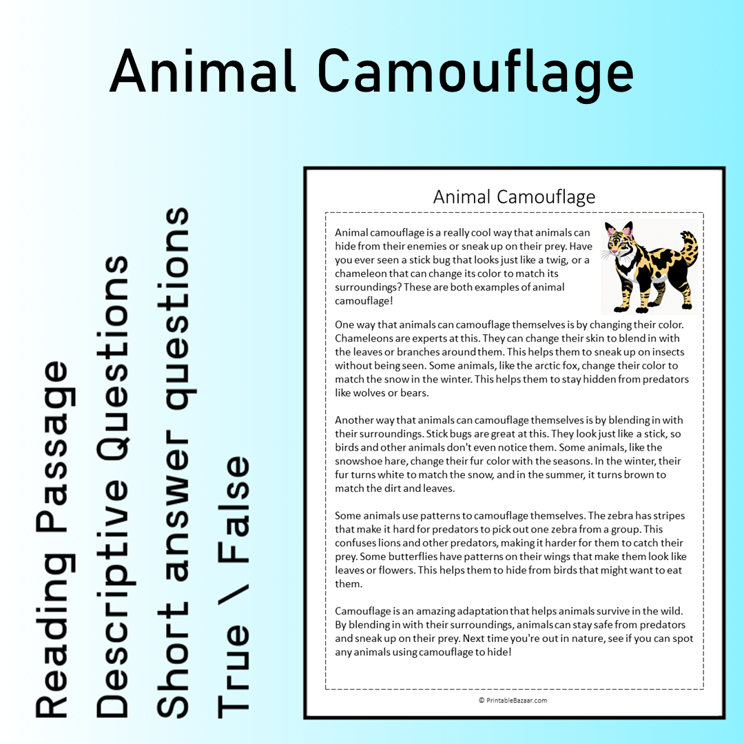 Animal Camouflage | Reading Comprehension Passage Printable Worksheet