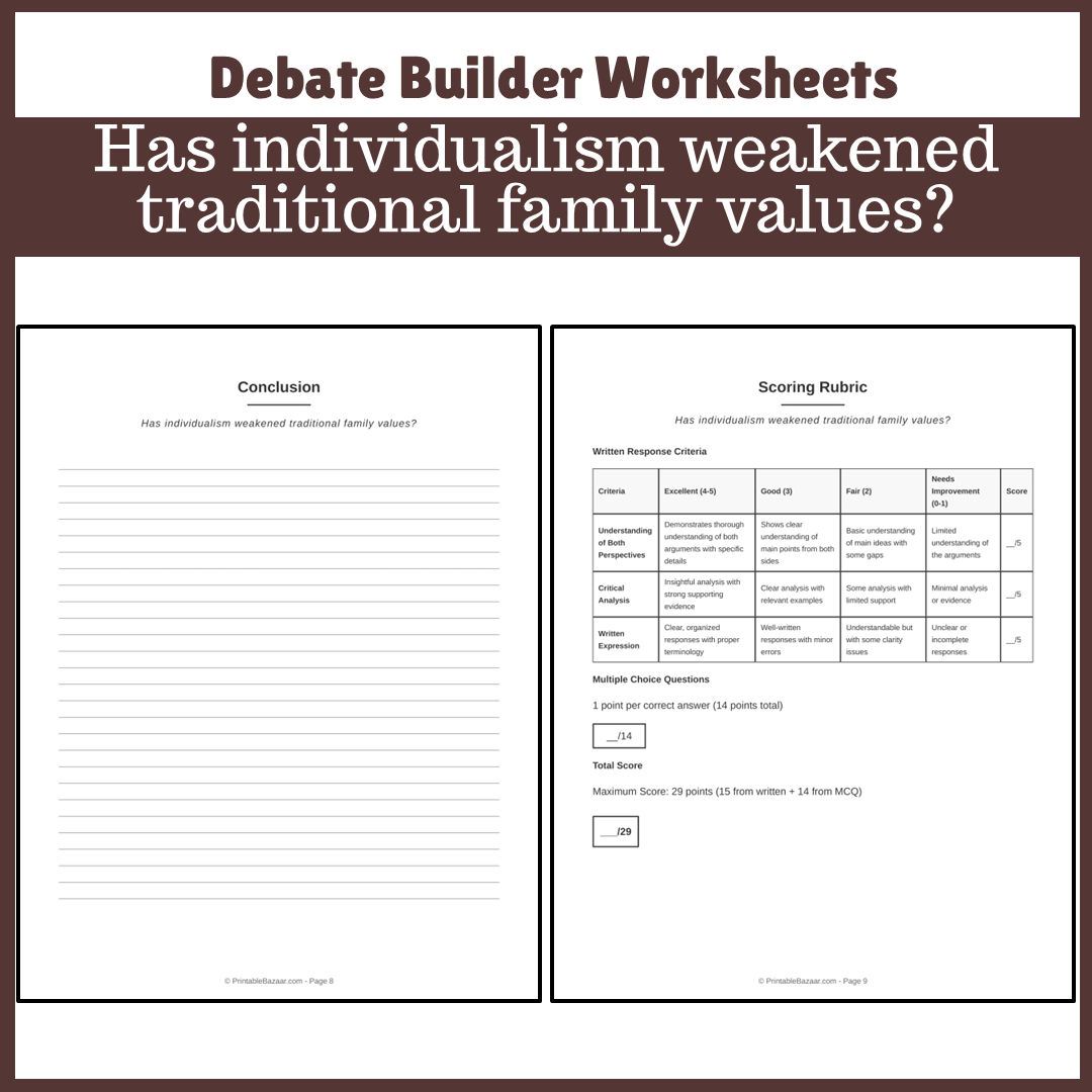 Has individualism weakened traditional family values? | Favour and Against Worksheet Printable Activity