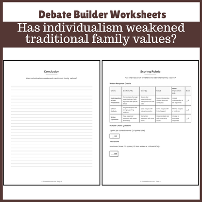 Has individualism weakened traditional family values? | Favour and Against Worksheet Printable Activity