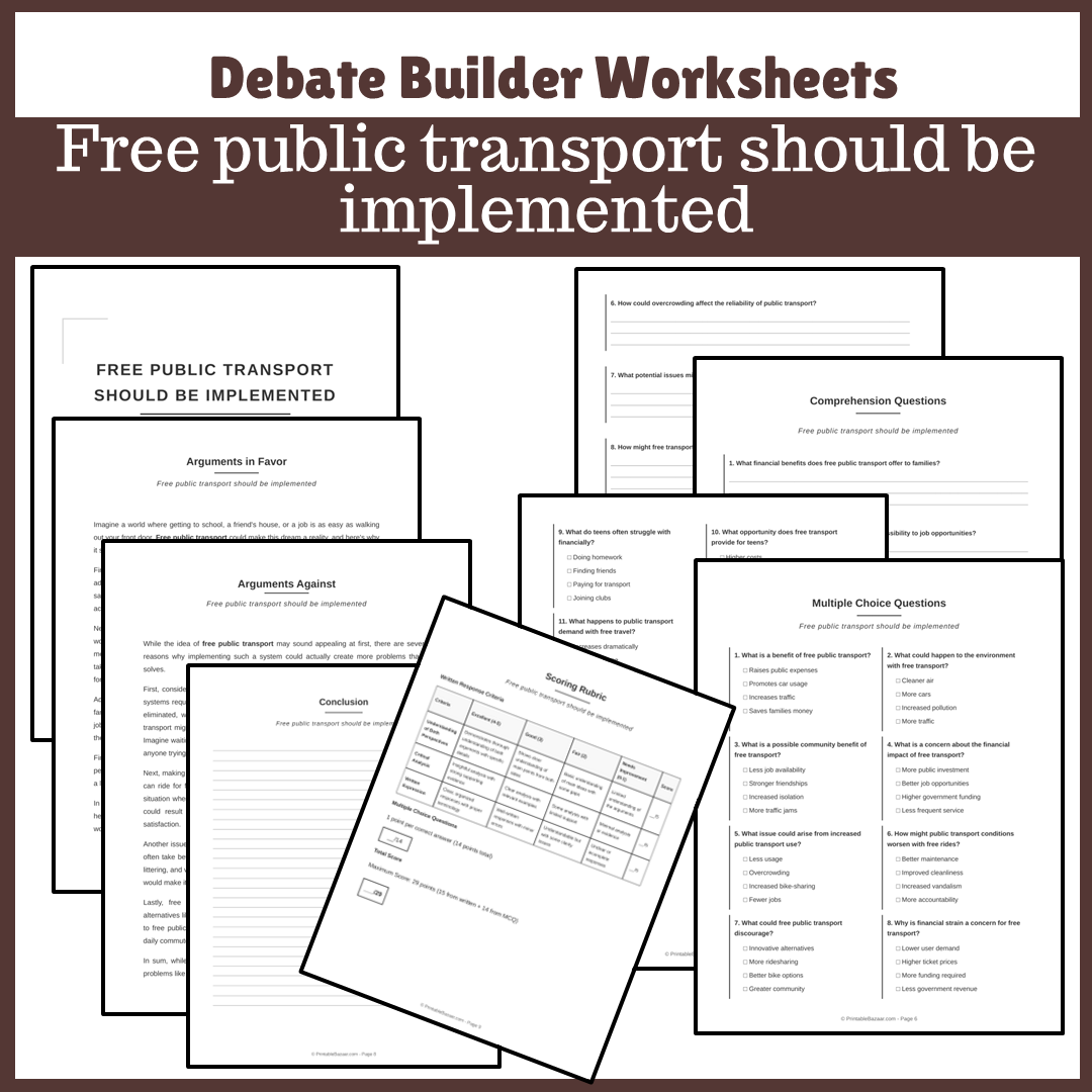 Free public transport should be implemented | Favour and Against Worksheet Printable Activity