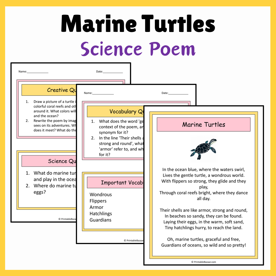 Marine Turtles | Science Poem Reading Comprehension Activity