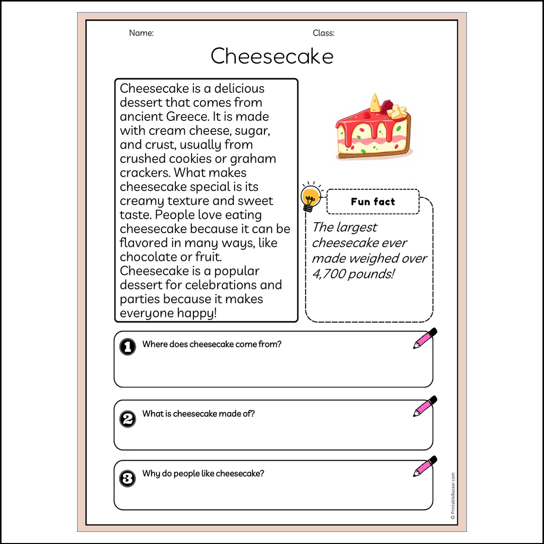 Cheesecake | Reading Passage Comprehension Questions Writing Facts Worksheet