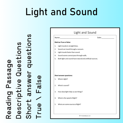 Light and Sound | Reading Comprehension Passage Printable Worksheet