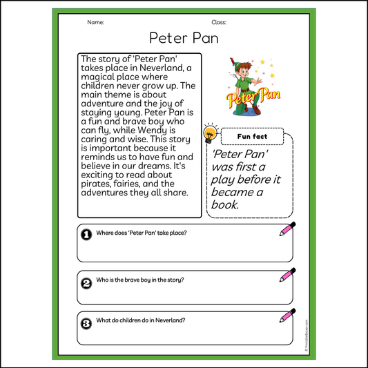 Peter Pan | Reading Passage Comprehension Questions Writing Facts Worksheet