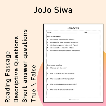 JoJo Siwa | Reading Comprehension Passage Printable Activity