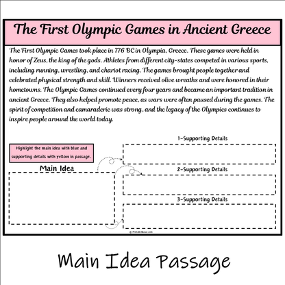 The First Olympic Games in Ancient Greece | Main Idea and Supporting Details Reading Passage and Questions