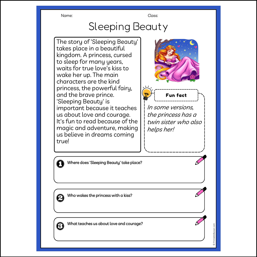 Sleeping Beauty | Reading Passage Comprehension Questions Writing Facts Worksheet