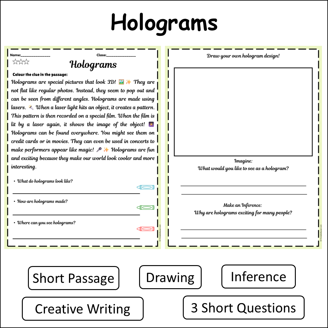 Holograms | Short Reading Comprehension Creative Worksheet