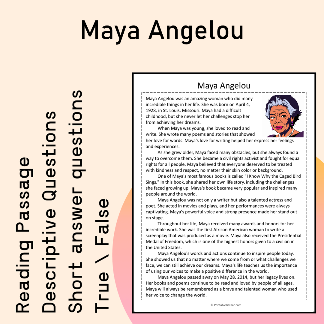 Maya Angelou | Reading Comprehension Passage Printable Activity