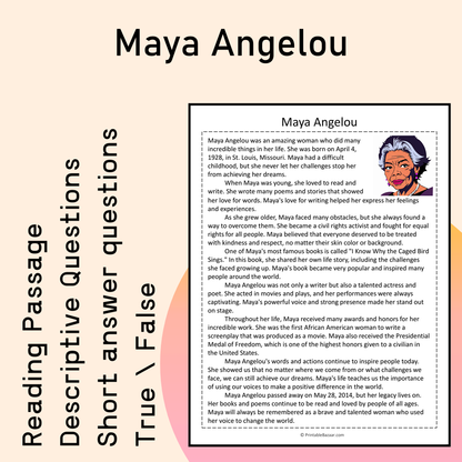 Maya Angelou | Reading Comprehension Passage Printable Activity