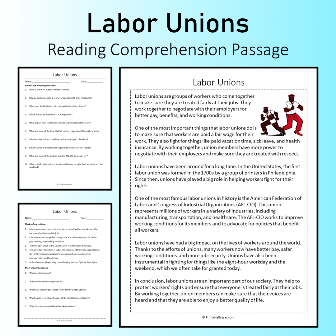 Labor Unions | Reading Comprehension Passage Printable Worksheet
