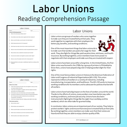 Labor Unions | Reading Comprehension Passage Printable Worksheet