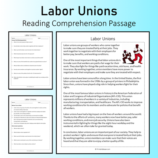 Labor Unions | Reading Comprehension Passage Printable Worksheet