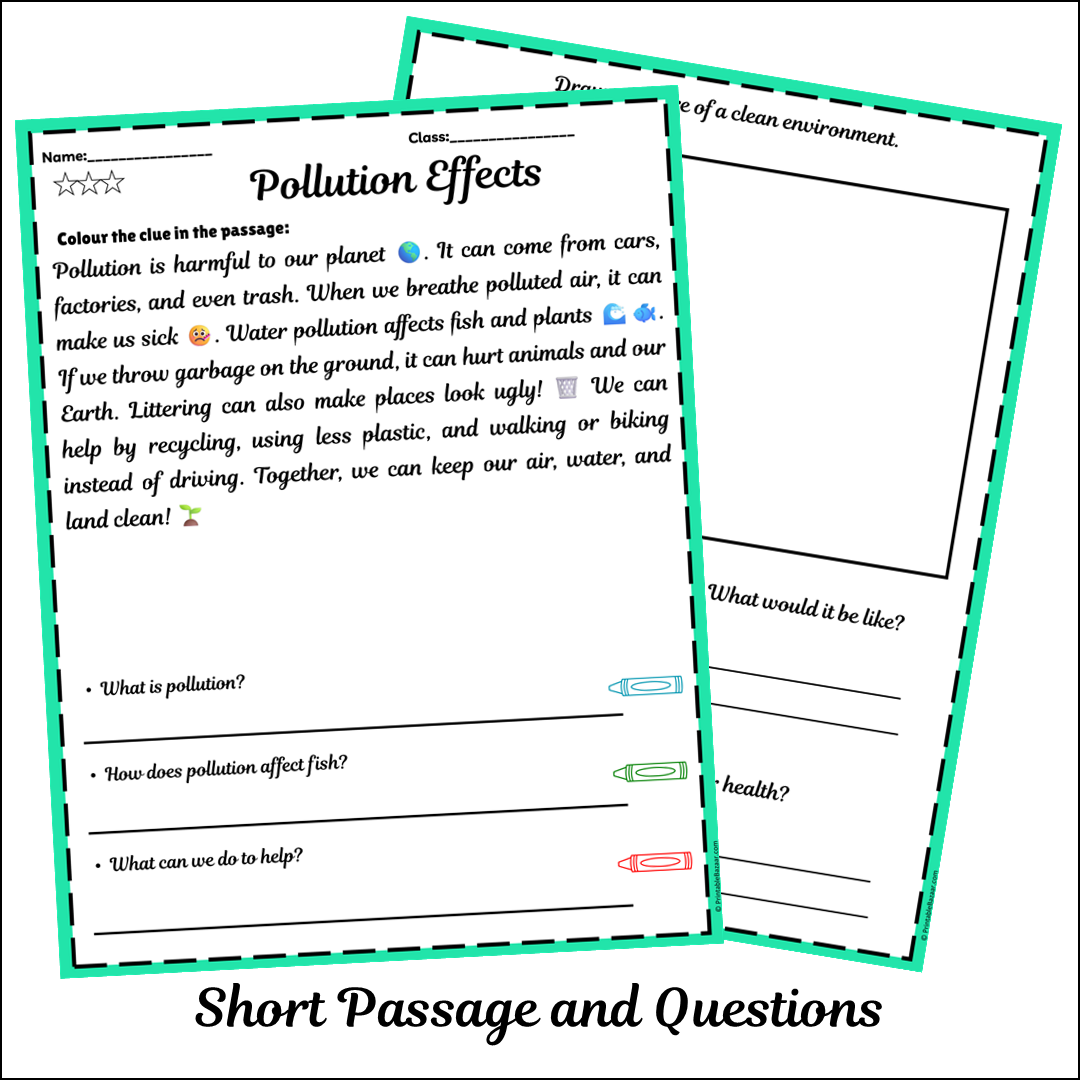 Pollution Effects | Short Reading Comprehension Creative Worksheet