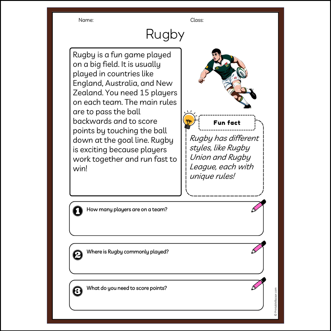 Rugby | Reading Passage Comprehension Questions Writing Facts Worksheet