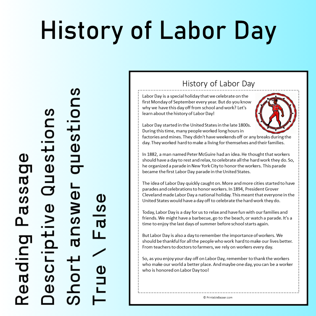 History of Labor Day | Reading Comprehension Passage Printable Worksheet