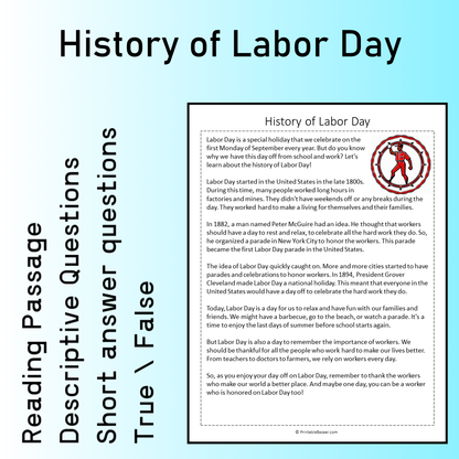 History of Labor Day | Reading Comprehension Passage Printable Worksheet