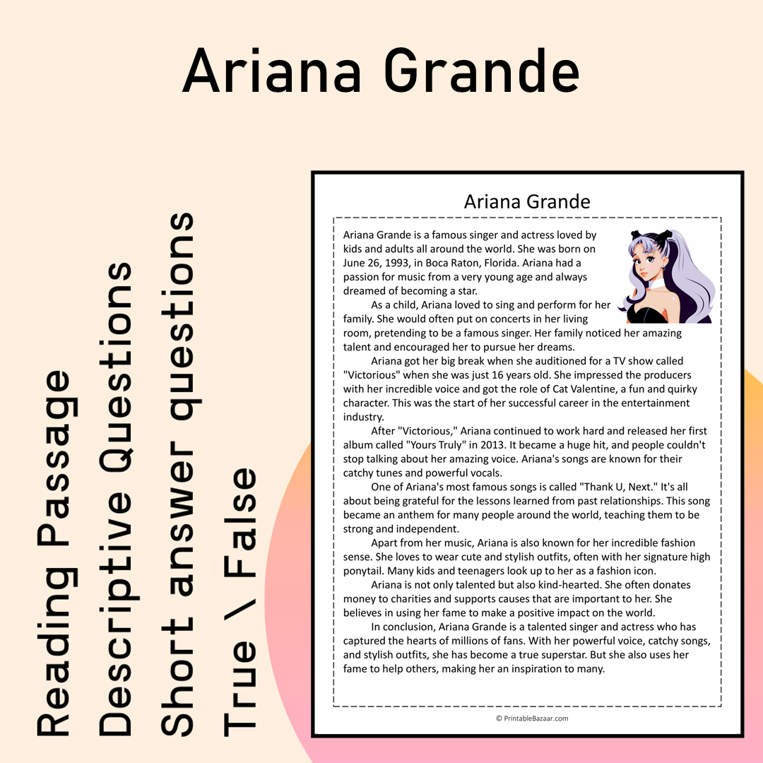 Ariana Grande | Reading Comprehension Passage Printable Activity