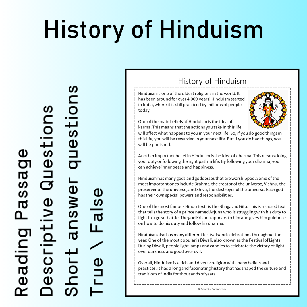 History of Hinduism | Reading Comprehension Passage Printable Worksheet