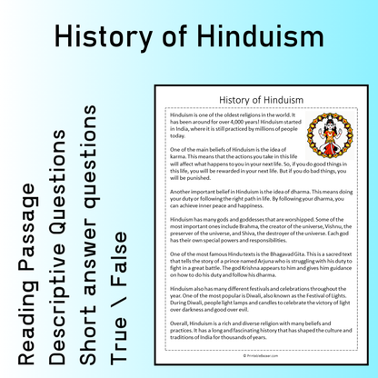 History of Hinduism | Reading Comprehension Passage Printable Worksheet