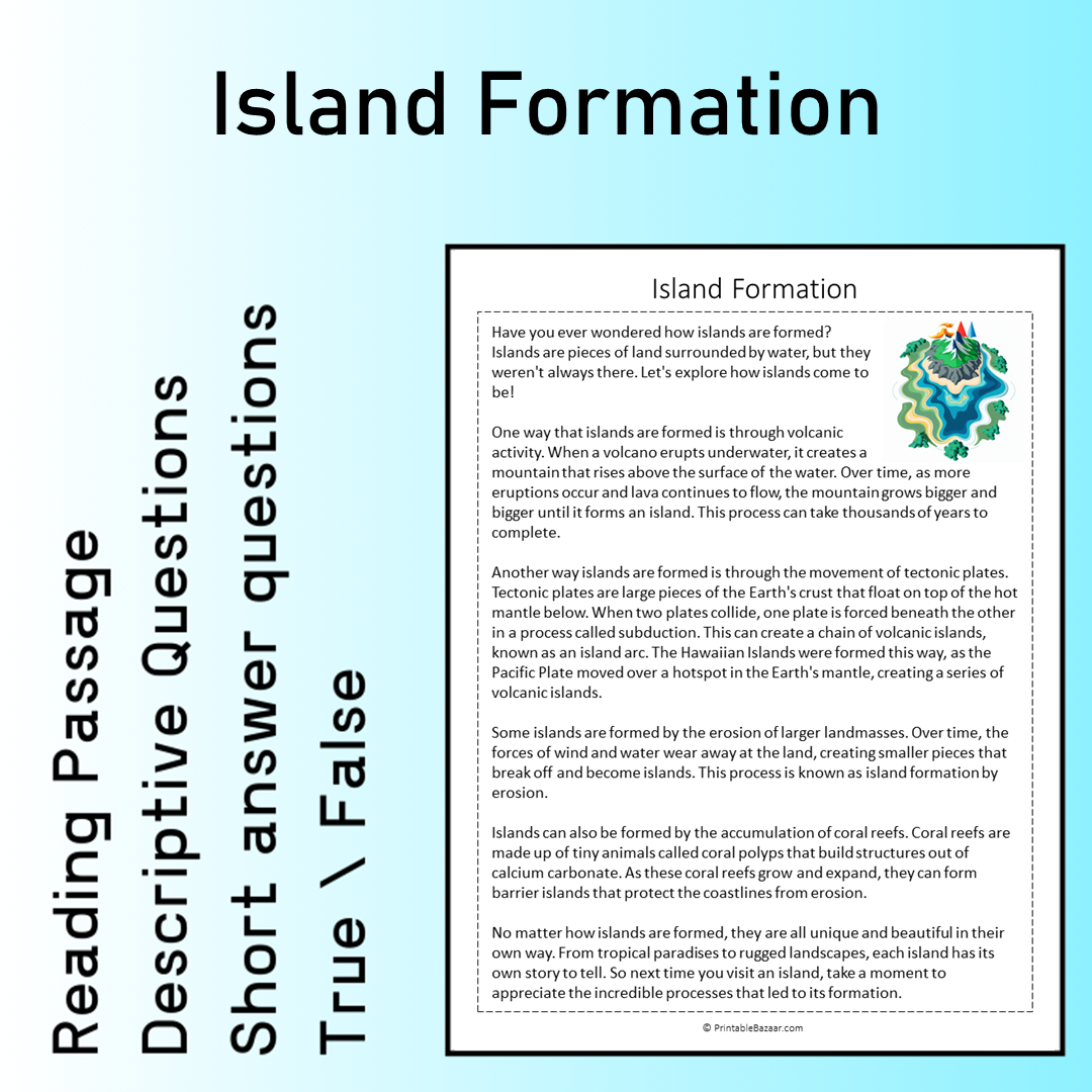 Island Formation | Reading Comprehension Passage Printable Worksheet
