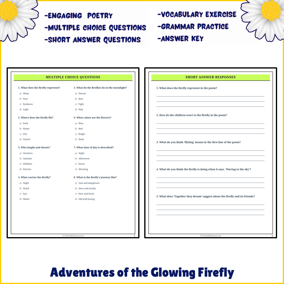 Adventures of the Glowing Firefly | Poem Grammar Worksheet Printable Activity