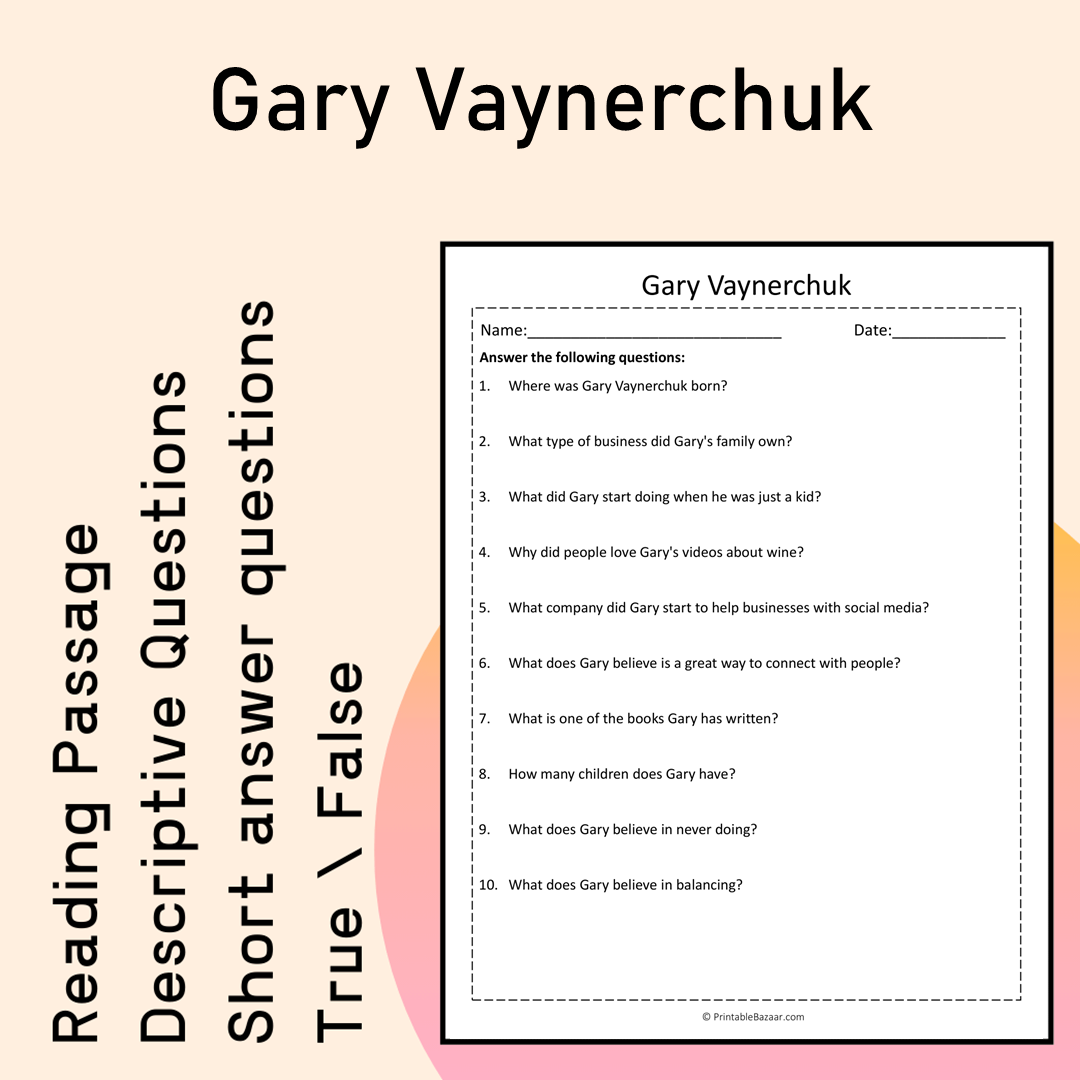Gary Vaynerchuk | Reading Comprehension Passage Printable Activity