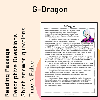 G-Dragon | Reading Comprehension Passage Printable Activity