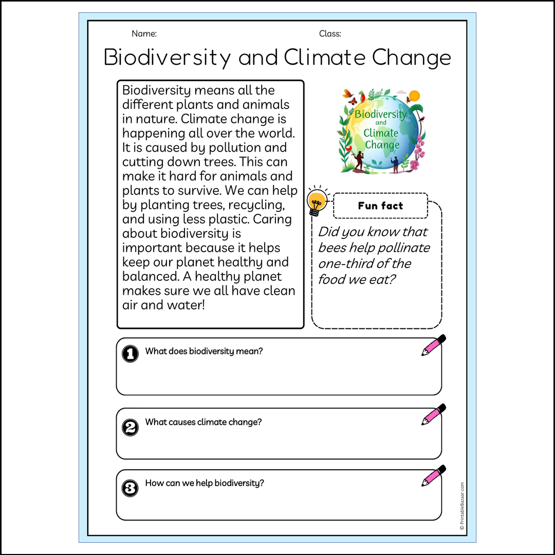 Biodiversity and Climate Change | Reading Passage Comprehension Questions Writing Facts Worksheet