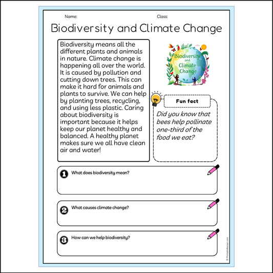 Biodiversity and Climate Change | Reading Passage Comprehension Questions Writing Facts Worksheet