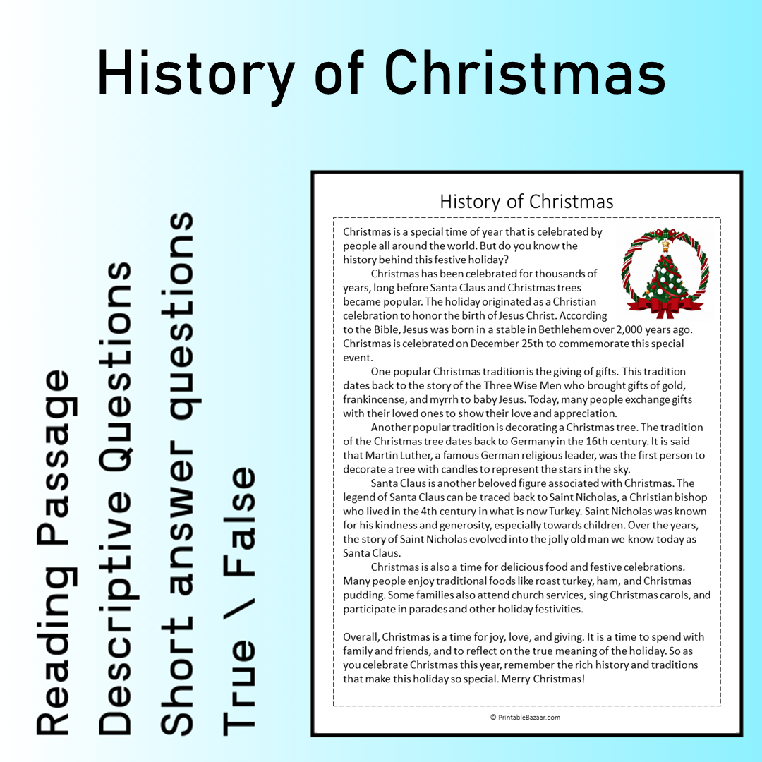 History of Christmas | Reading Comprehension Passage Printable Worksheet