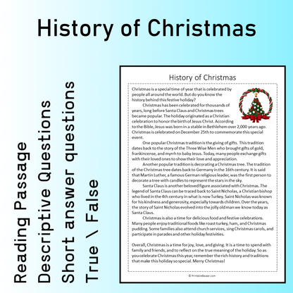 History of Christmas | Reading Comprehension Passage Printable Worksheet