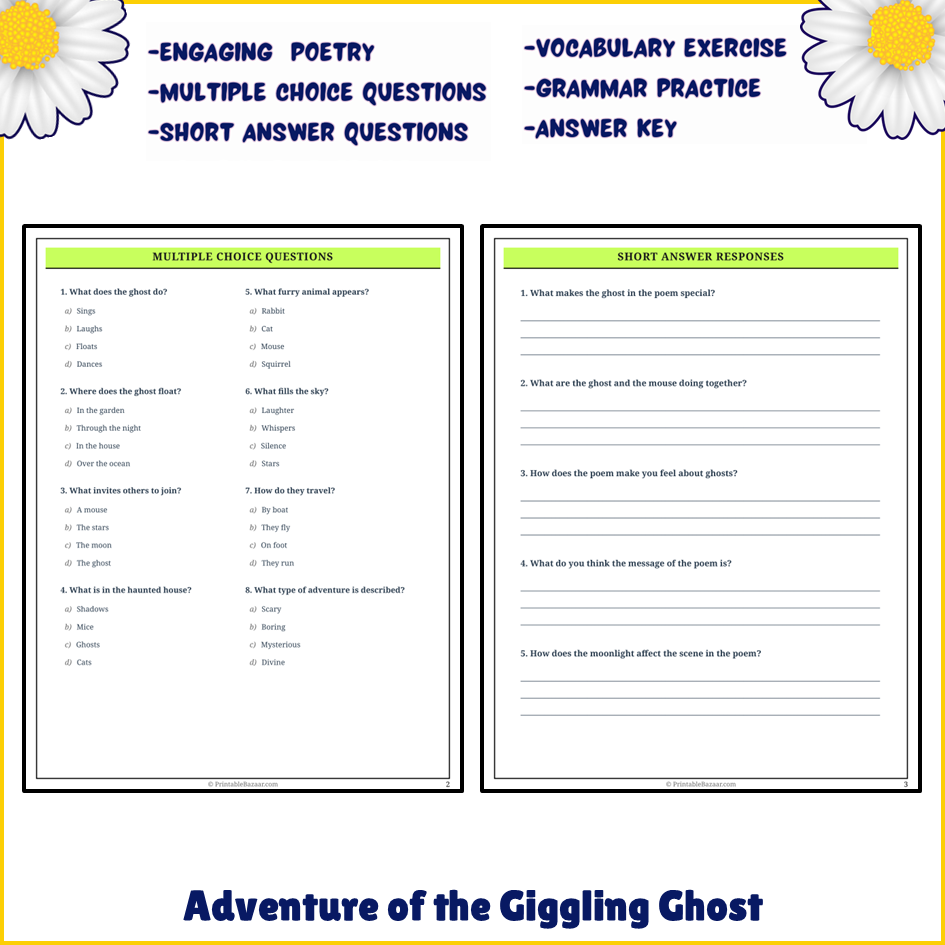 Adventure of the Giggling Ghost | Poem Grammar Worksheet Printable Activity