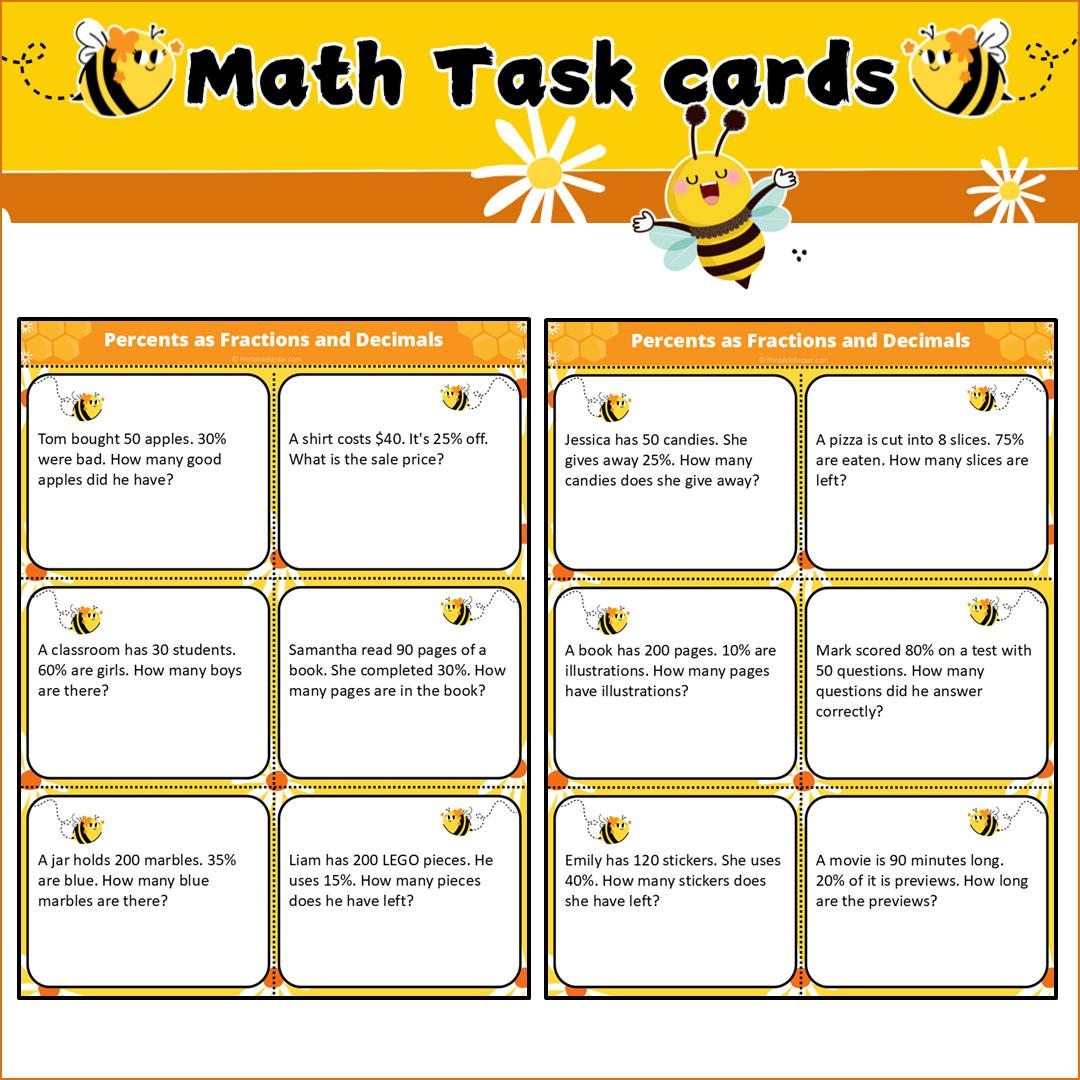 Percents as Fractions and Decimals | Math Task Cards