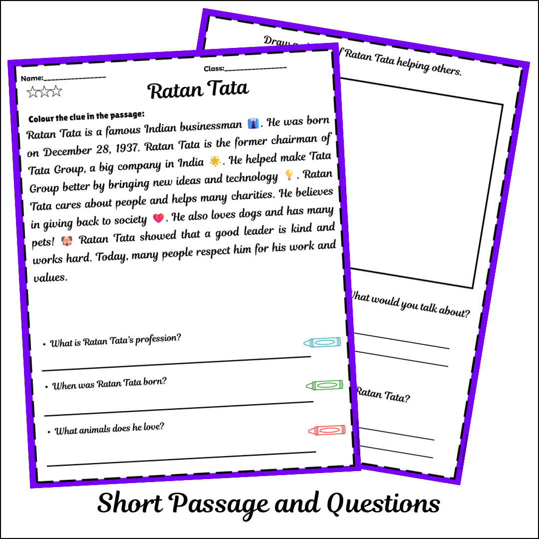 Ratan Tata | Short Reading Comprehension Creative Worksheet