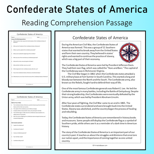 Confederate States of America | Reading Comprehension Passage Printable Worksheet