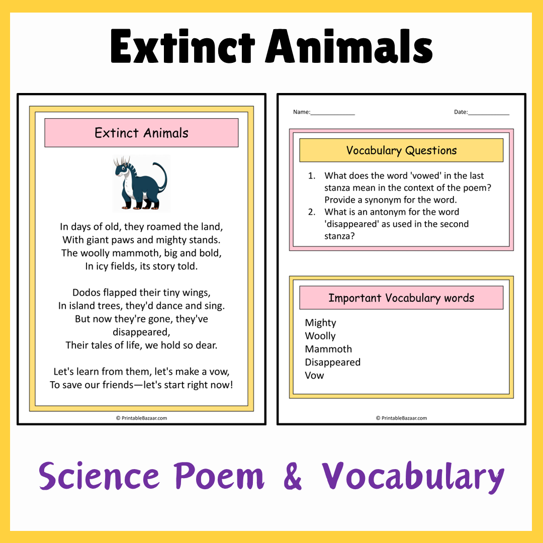 Extinct Animals | Science Poem Reading Comprehension Activity