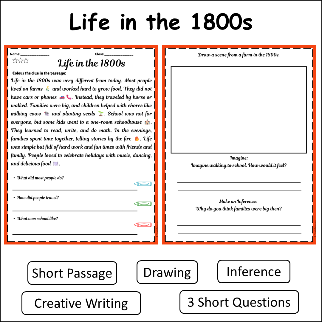 Life in the 1800s | Short Reading Comprehension Creative Worksheet