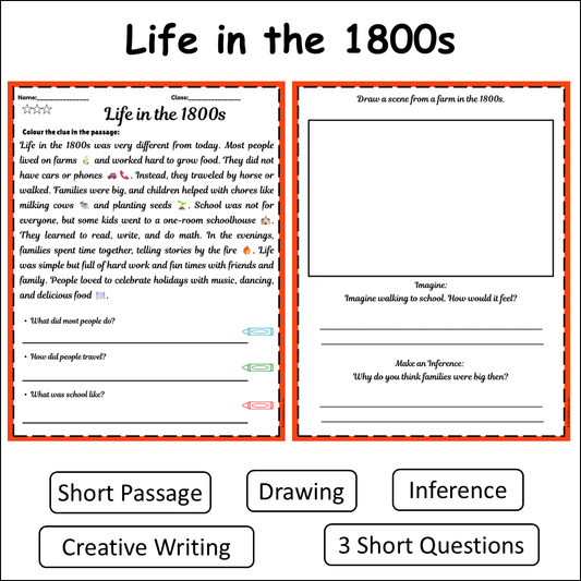 Life in the 1800s | Short Reading Comprehension Creative Worksheet