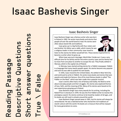 Isaac Bashevis Singer | Reading Comprehension Passage Printable Activity