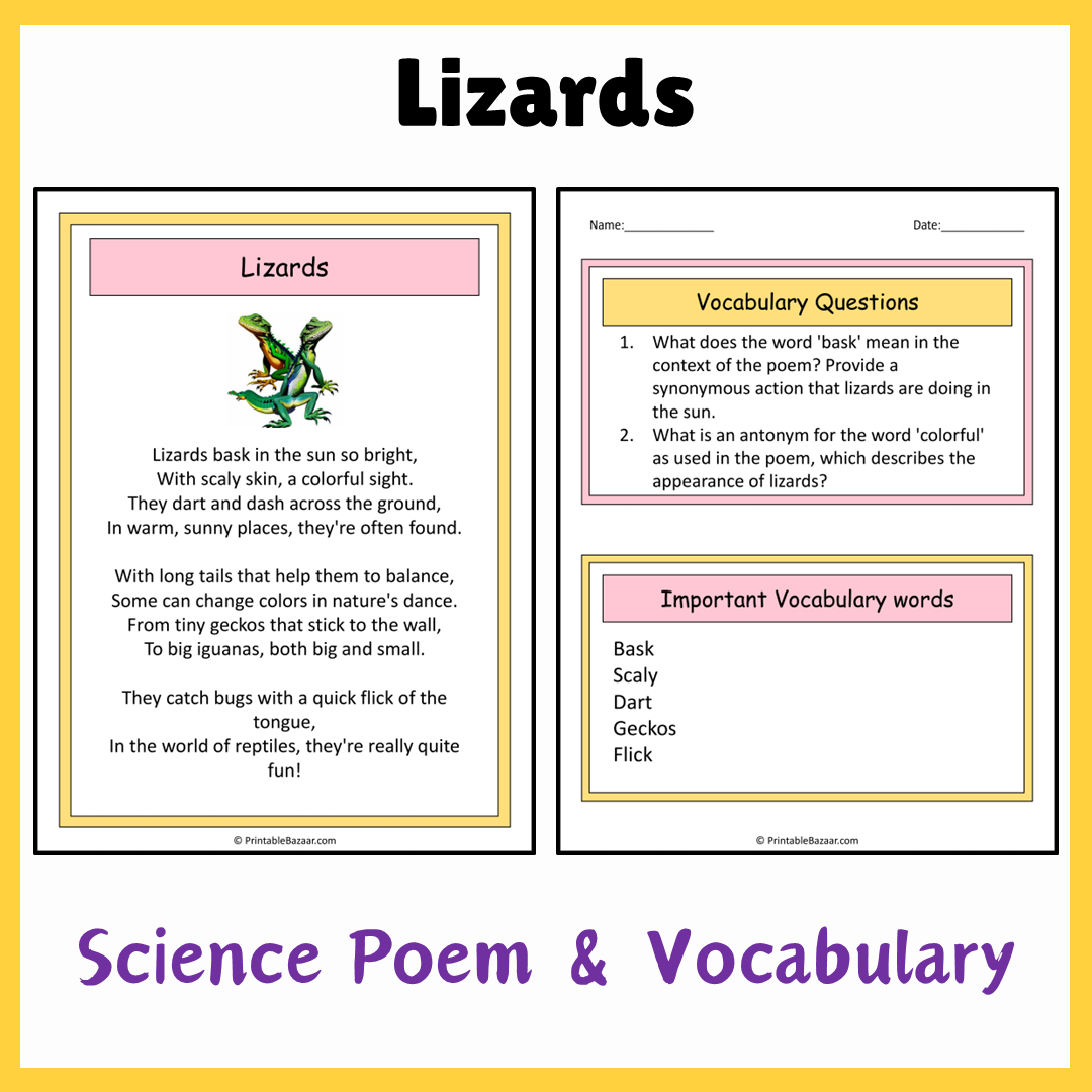 Lizards | Science Poem Reading Comprehension Activity