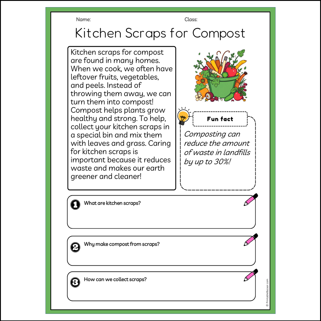 Kitchen Scraps for Compost | Reading Passage Comprehension Questions Writing Facts Worksheet